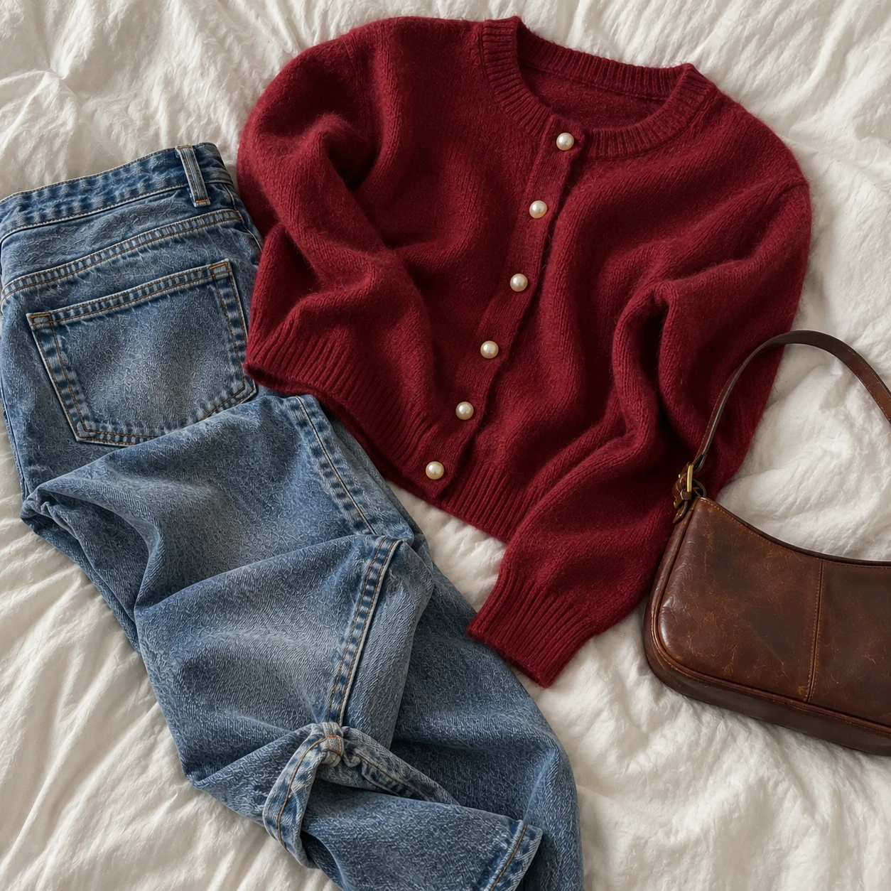 Style inspiration: a burgundy cardigan, faded jeans and a brown leather bag on a cotton bedspread